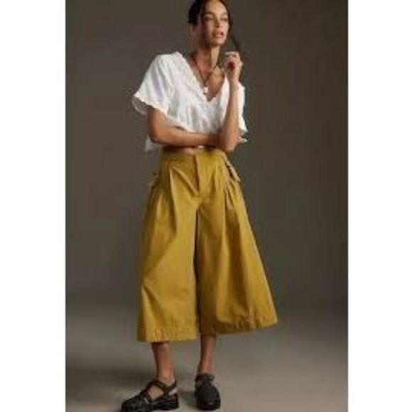 Anthropologie Olive Green Poplin Culotte Pants Size 4 - Picture 1 of 7